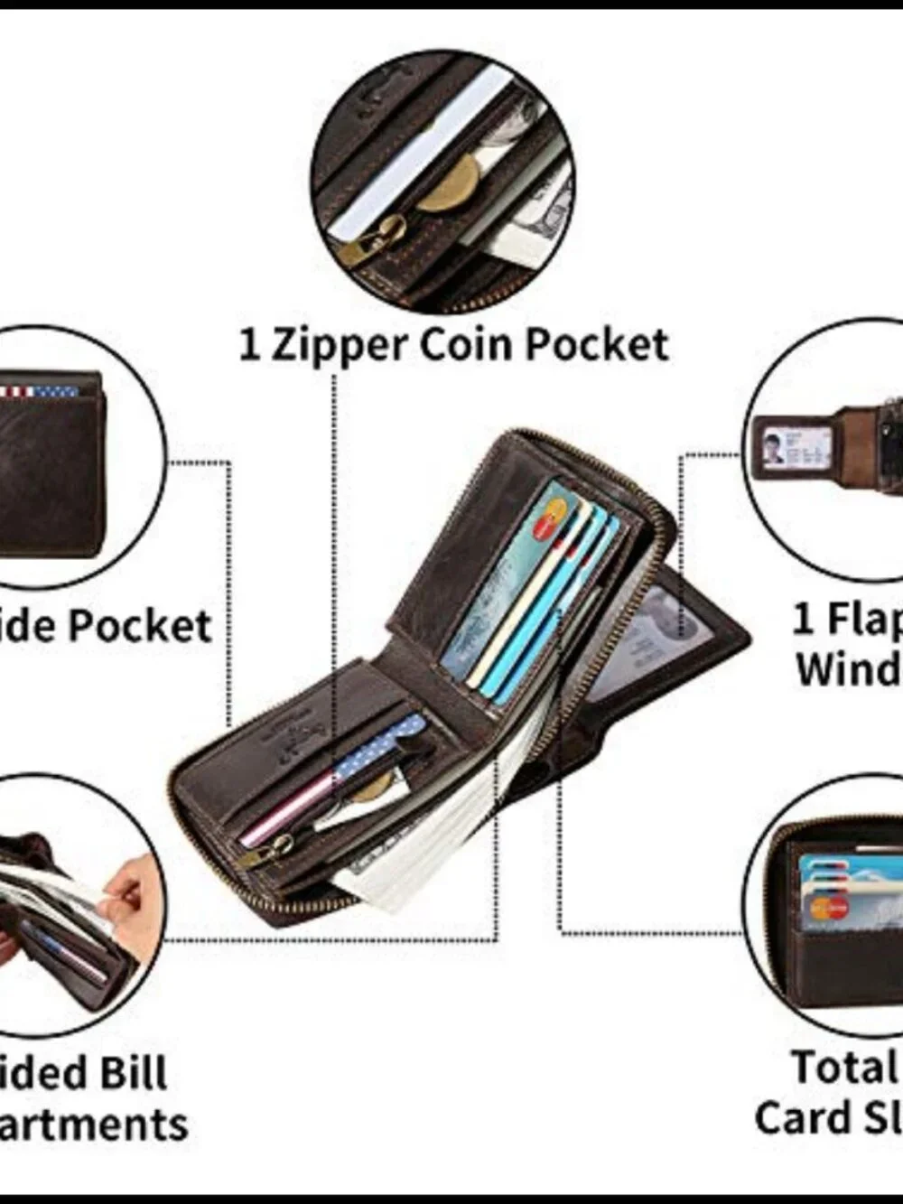 Full Grain Leather RFID Blocking Bifold Wallet for Men with Zipper and ID Window